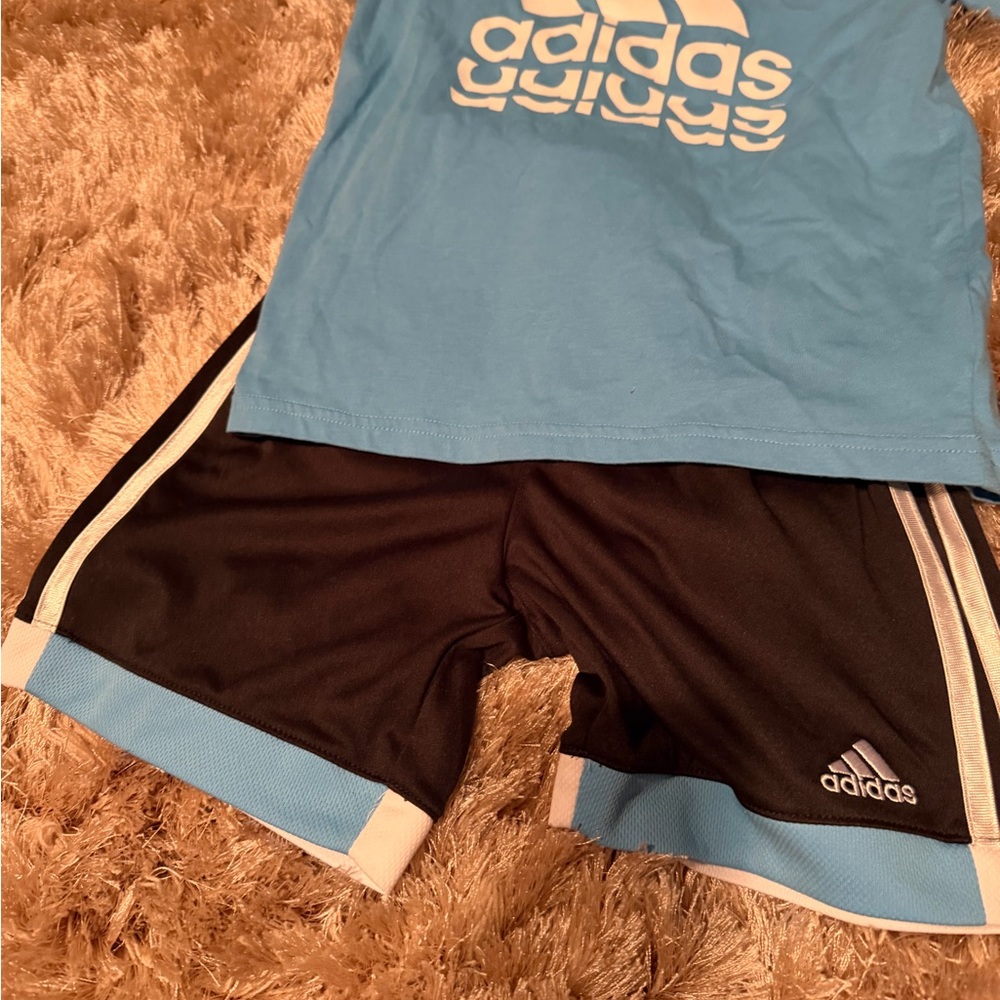 adidas Light Blue Logo Tee with Black Athletic Shorts - Picture 3 of 4